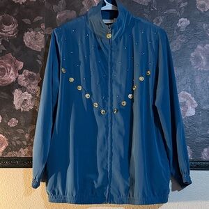 Vintage Women's Blue Bomber Jacket with Gold Embellishments